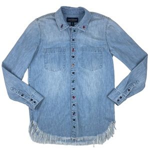 Lucky Brand Womens XS denim Shirt embroidered‎ Bugs Cotton Button Up Light Wash